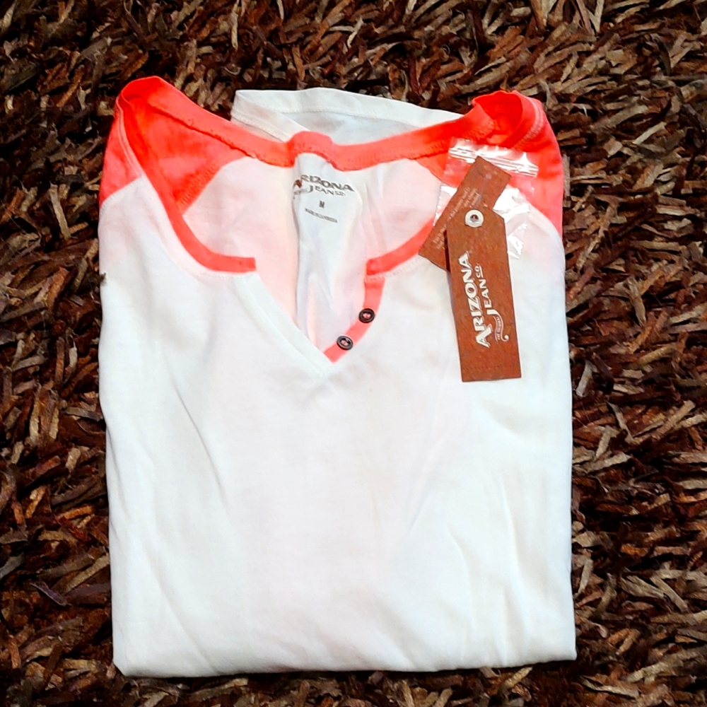 Juniors Neon hot pink and Cream Jersey Henley top. Med